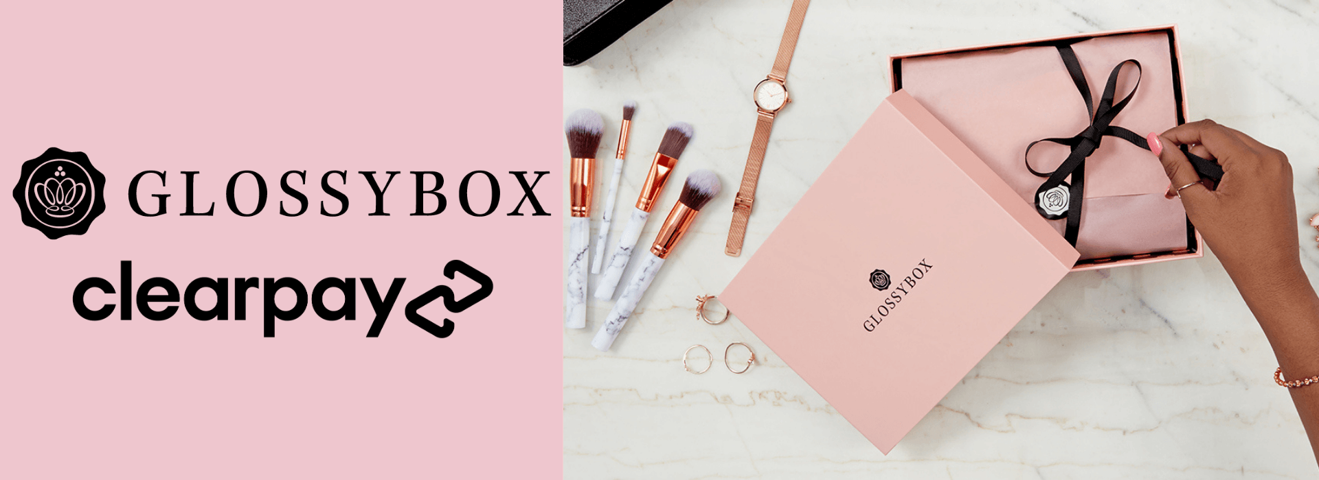 Pink GLOSSYBOX on white marble background, with GLOSSYBOX and Clearpay logo.